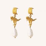 T-Rex and Pearl Drop Earrings Gold