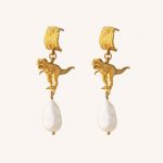 T-Rex and Pearl Drop Earrings Gold