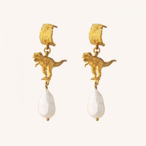 T-Rex and Pearl Drop Earrings Gold