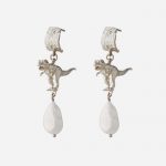 T-Rex and Pearl Drop Hoops Earrings Silver