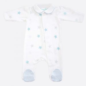 Teal Stars Magnetic Babygrow with Blue Trim