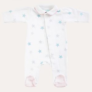 Teal Stars Magnetic Babygrow with Pink Trim
