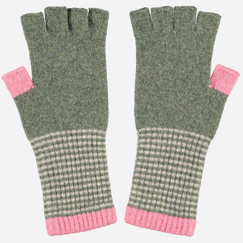 Lambswool Fingerless Gloves Green/Pink