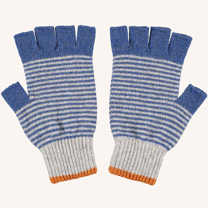 Lambswool Fingerless Gloves Stripe Smoke/Blue - The Silver Pear