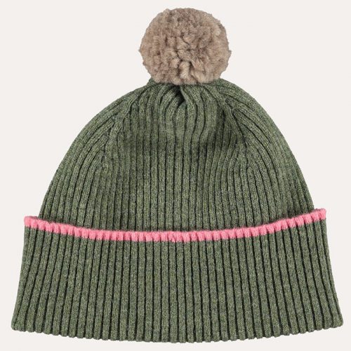 Pom Pom Beanie Hat Green/Pink