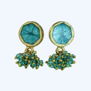 Turquoise Enamel Stud Earrings with Beaded Drop