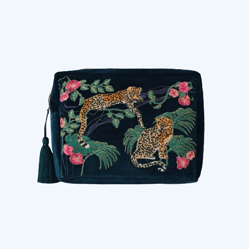 Jungle Jaguar Ink Blue Velvet Wash Bag