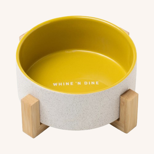Ceramic Dog Bowl w Bamboo Stand – Yellow