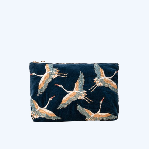 Cranes Ink Blue Velvet Everyday Pouch