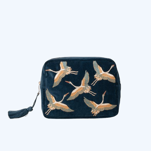 Cranes Ink Blue Velvet Wash Bag