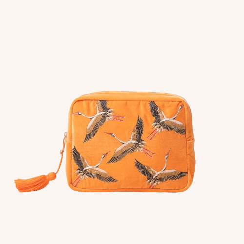 Cranes Orange Velvet Wash Bag