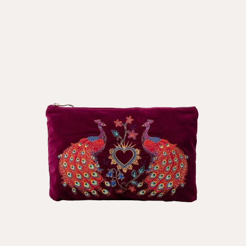 Peacock Floral Ruby Velvet Everyday Pouch