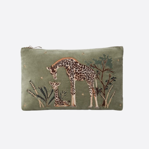 Giraffe Mother & Baby Olive Velvet Everyday Pouch