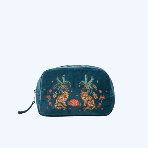 Tropical Jaguar Rich Blue Velvet Makeup Bag