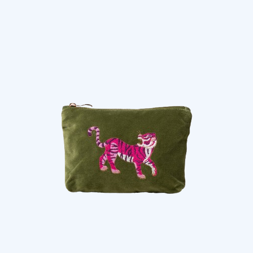 Wild Tiger Fern Green Velvet Mini Pouch