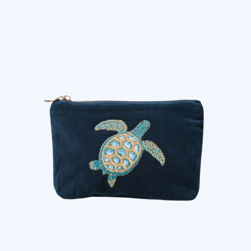 Swimming Turtle Marine Navy Velvet Mini Pouch