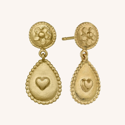 Gratitude for Nature Heart & Flower Drop Earrings Gold