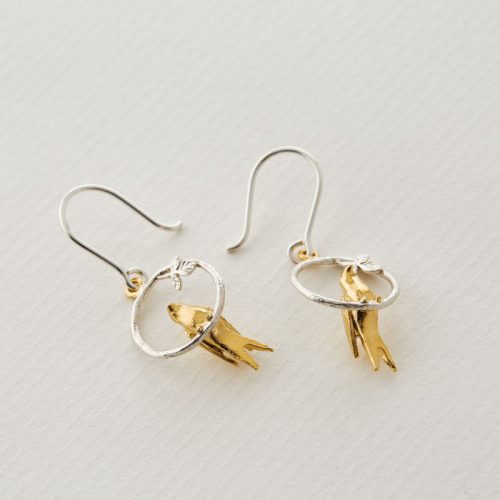 Tiny Bird Loop Earrings Gold & Silver - Image 2
