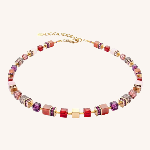 Geo Cube Precious Statement Necklace Gold-Red