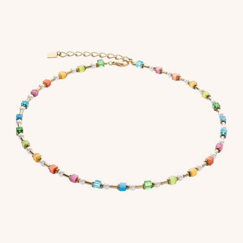 Mini Cubes & Pearls Mix Necklace Gold-Rainbow