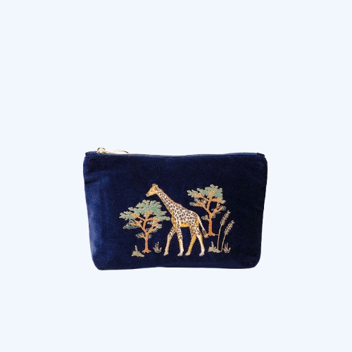 Giraffe Herd Navy Velvet Mini Pouch