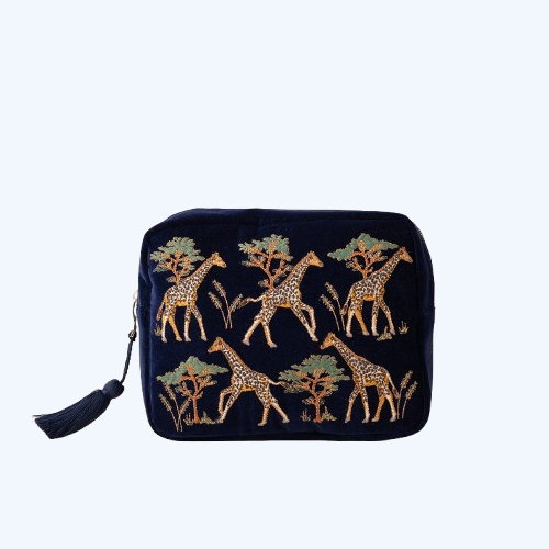 Giraffe Herd Navy Velvet Wash Bag