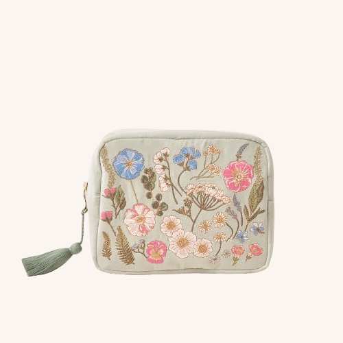 Pressed Flowers Sage Velvet Wash Bag