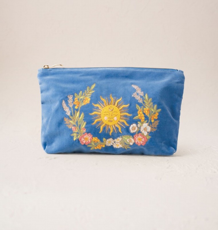 Floral Sun Goddess Cornflower Blue Velvet Everyday Pouch