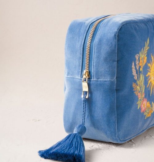 Floral Sun Goddess Cornflower Blue Velvet Wash Bag - Image 2