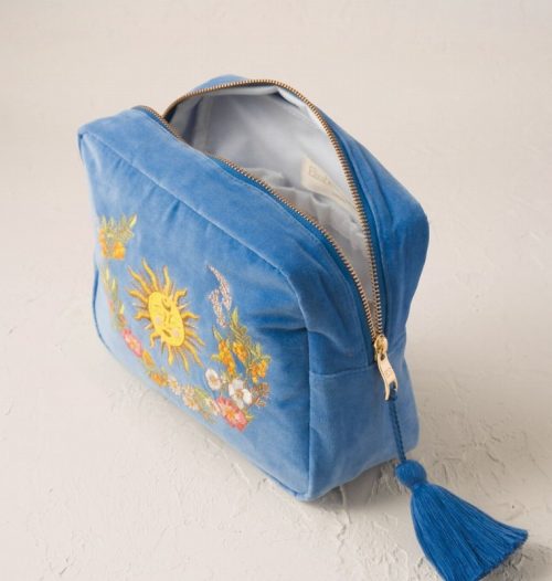 Floral Sun Goddess Cornflower Blue Velvet Wash Bag - Image 3