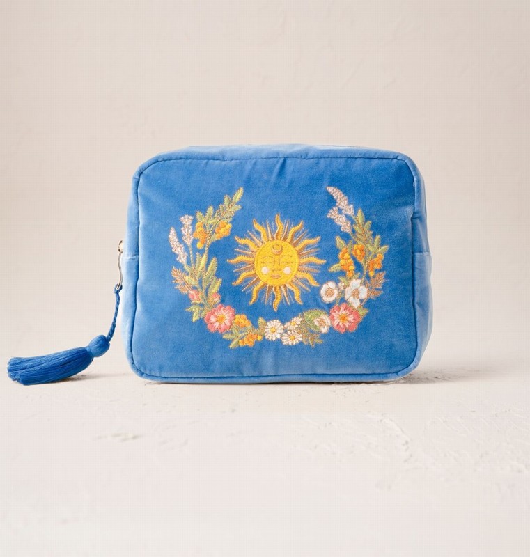Floral Sun Goddess Cornflower Blue Velvet Wash Bag