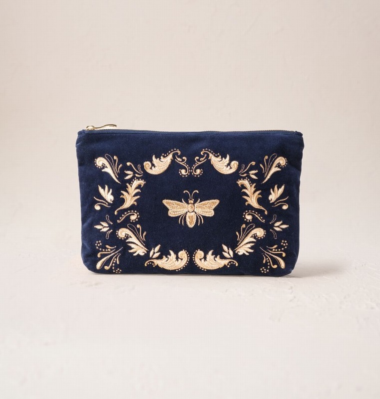 Provencale Bee Navy Velvet Everyday Pouch