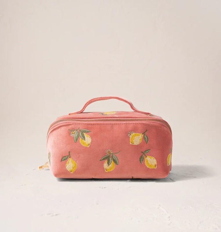 Lemon Blossom Coral Velvet Open Flat Makeup Bag