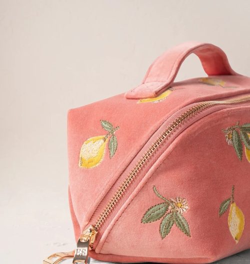Lemon Blossom Coral Velvet Open Flat Makeup Bag - Image 3