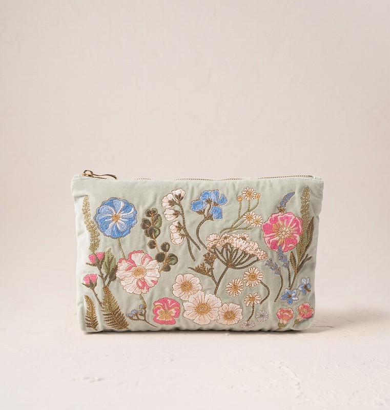 Pressed Flowers Sage Velvet Everyday Pouch