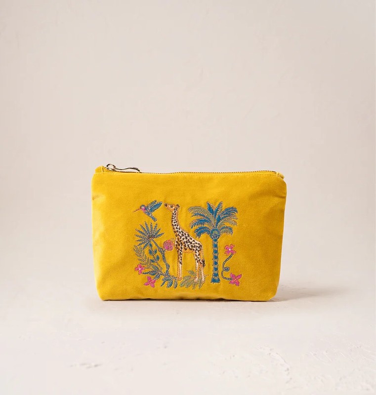 Wild Giraffe Palm Mustard Velvet Mini Pouch