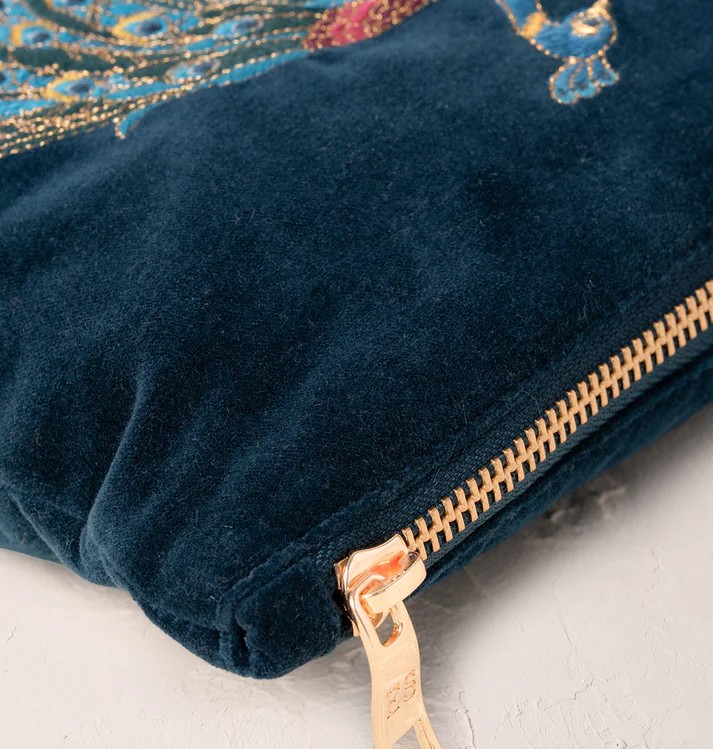 Peacock Floral Ink Blue Velvet Everyday Pouch - Image 2