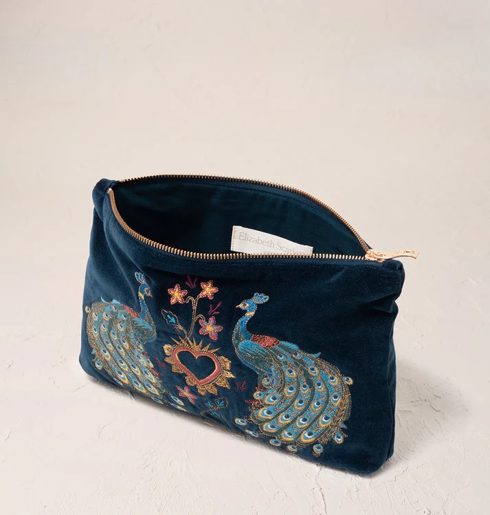 Peacock Floral Ink Blue Velvet Everyday Pouch - Image 3