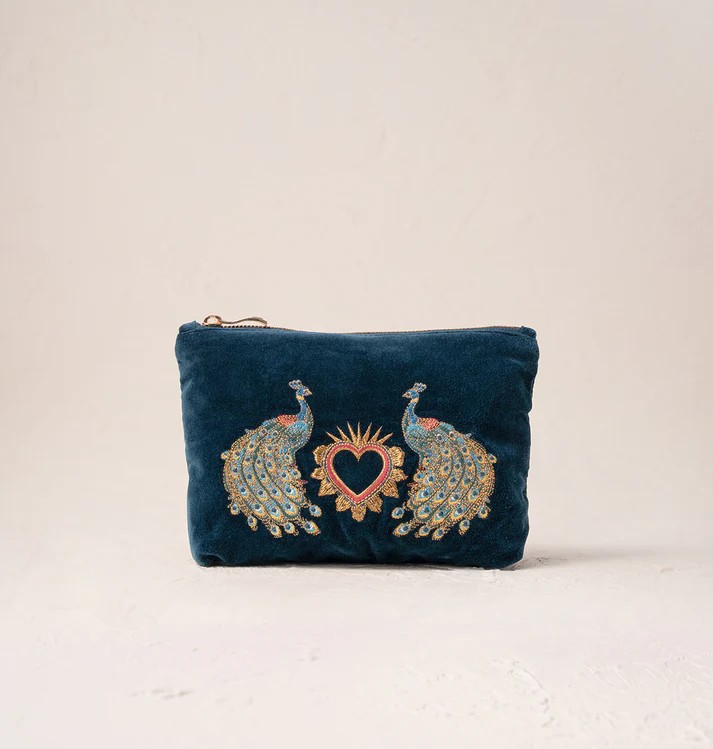Peacock Floral Ink Blue Velvet Mini Pouch