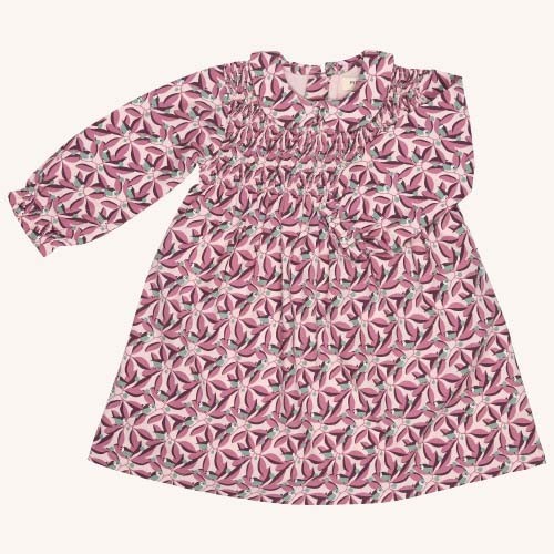 Smock Dress w Peter Pan Collar - Pink Birds