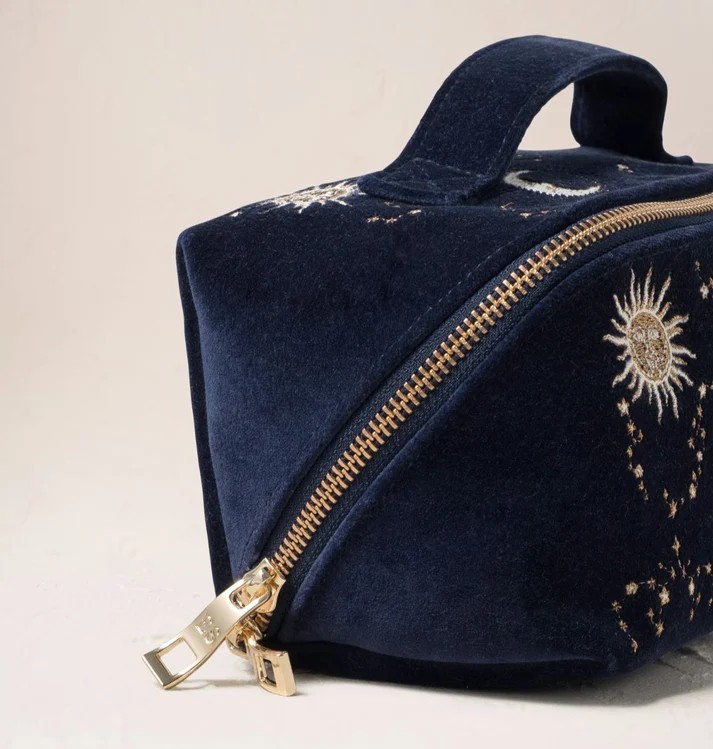 Celestial Sun & Moon Navy Velvet Open Flat Makeup Bag - Image 3
