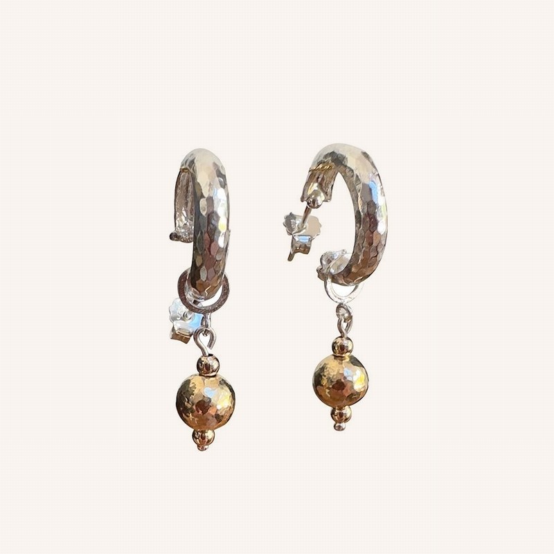 Silver Hoop, Gold Ball Drop Earrings