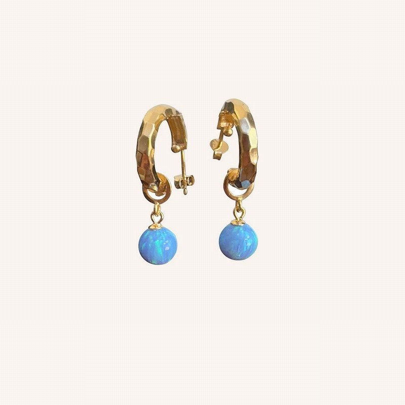 Gold Hoop, Opal Ball Drop Earrings