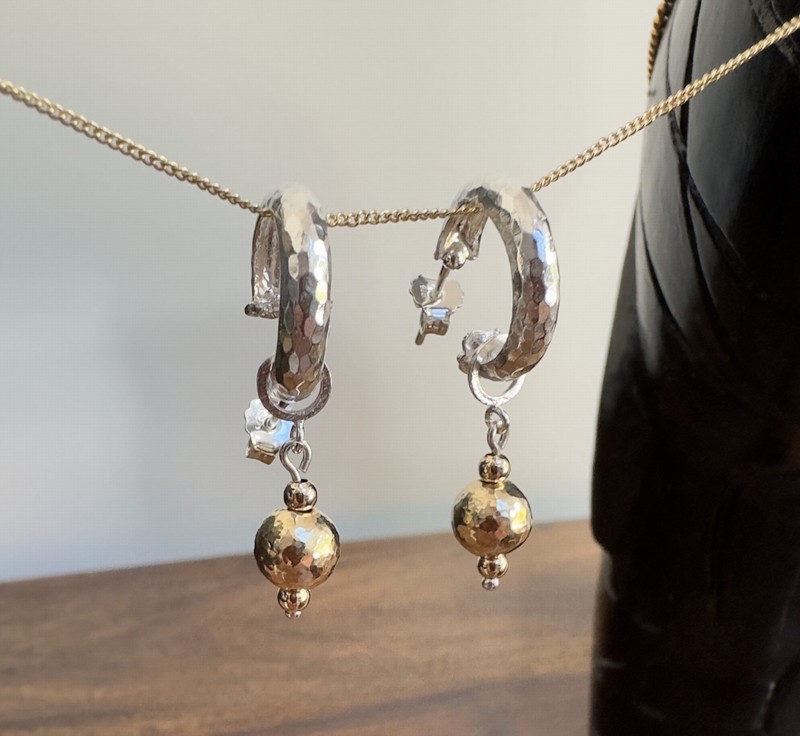 Silver Hoop, Gold Ball Drop Earrings - Image 2