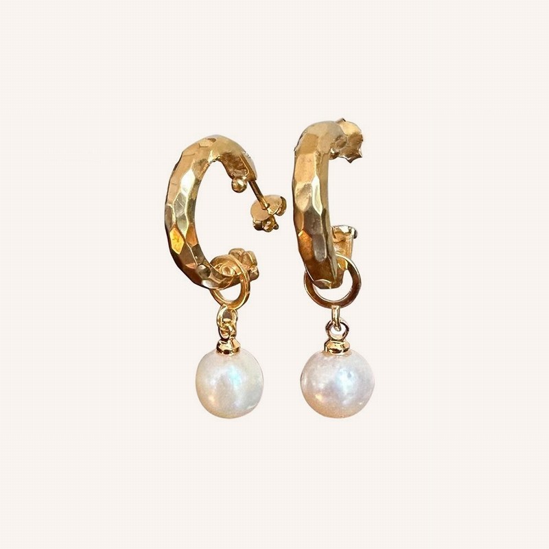 Gold Hoop, Pearl Drop Earrings